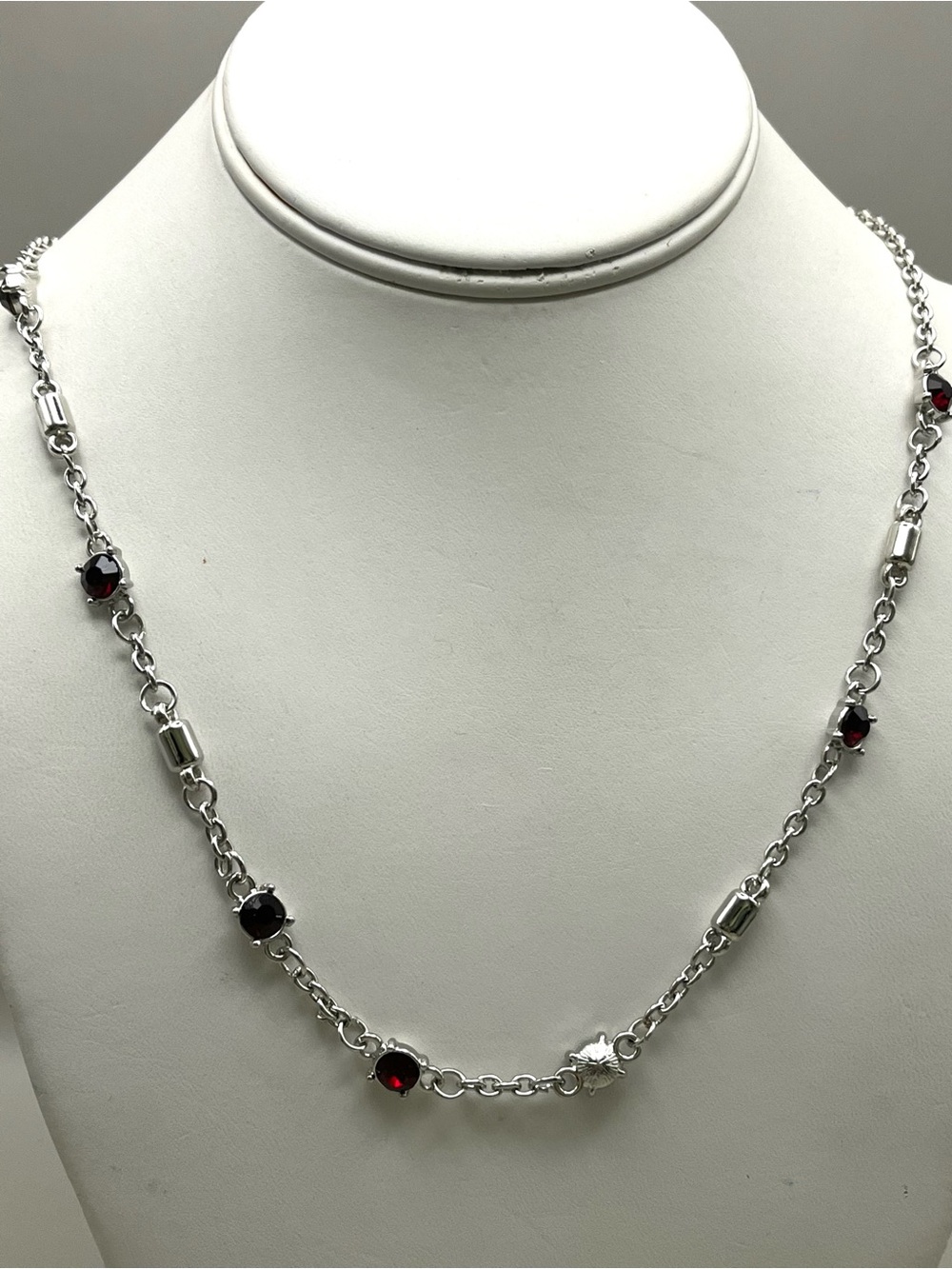 Vintage Silver Tone Red Garnet Glass Crystal Station Chain Necklace 24" Coastal